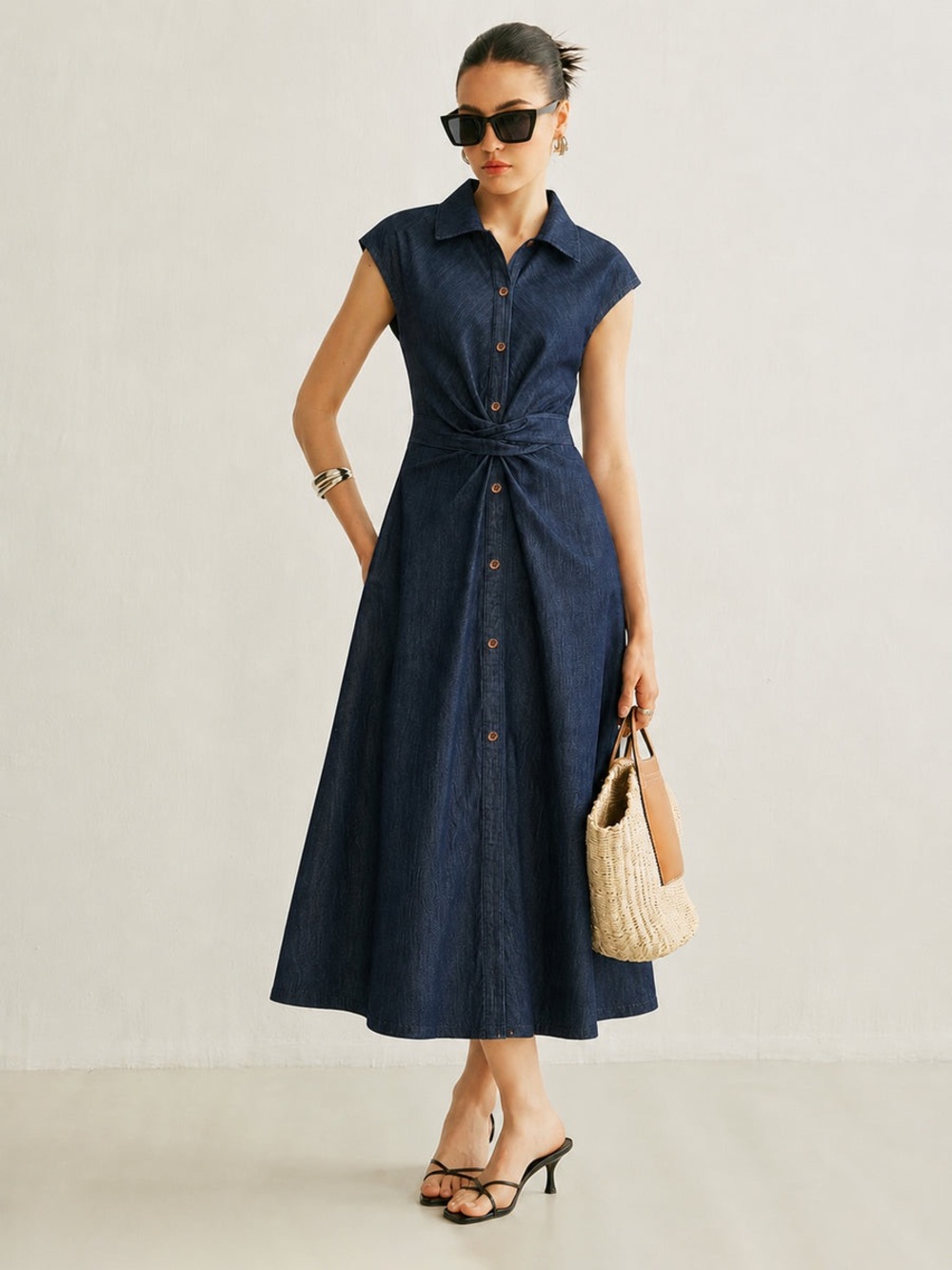 COMMENSE Twisted Waist Midi Shirr Dress
